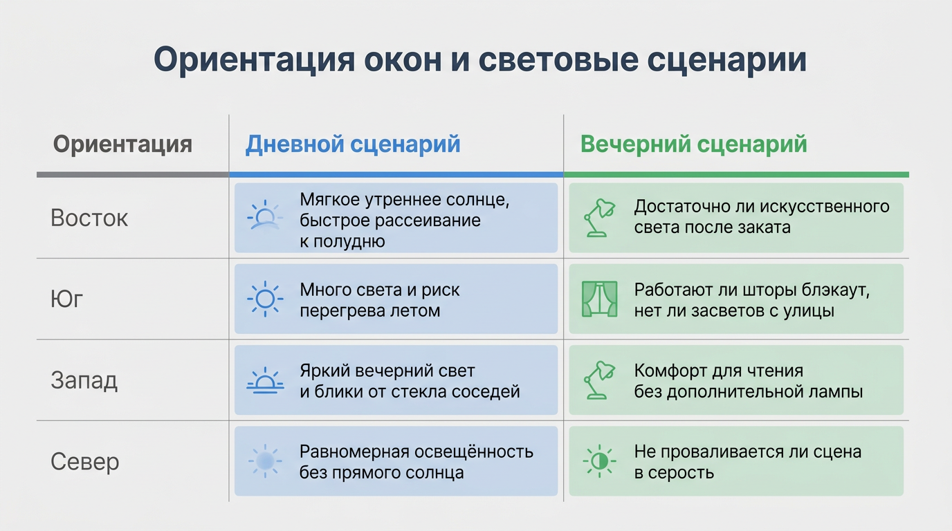 Ориентация окон и световые сценарии